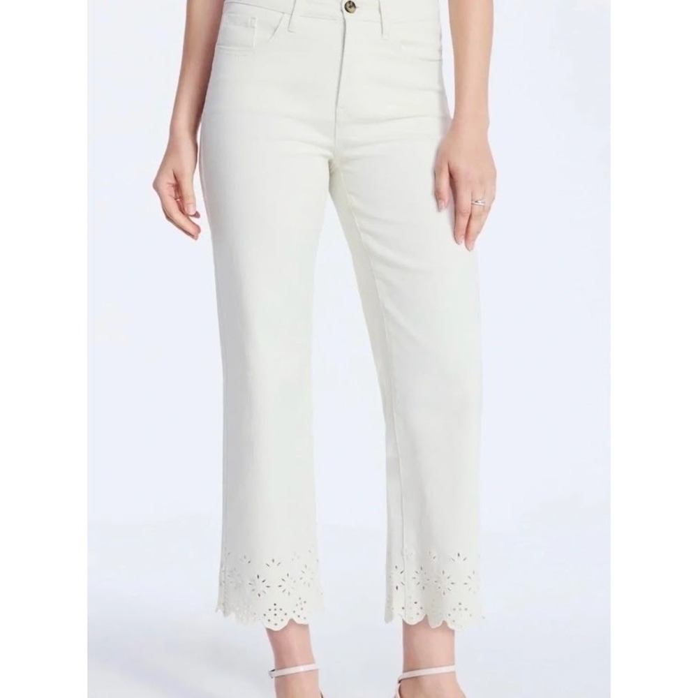 White High Rise Straight Leg Eyelet Scallop Hem Denim Jeans 0 NWT